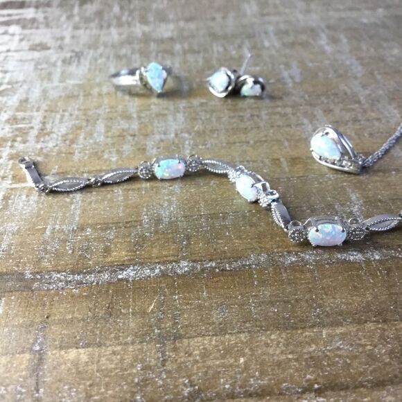 Silver tone set necklace earrings ring Sz 7 bracelet - Picture 5 of 6